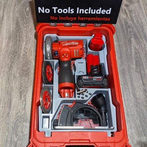 Milwaukee PACKOUT insert for M12 Cut-Off tool kit with wheels, accessories, and batteries